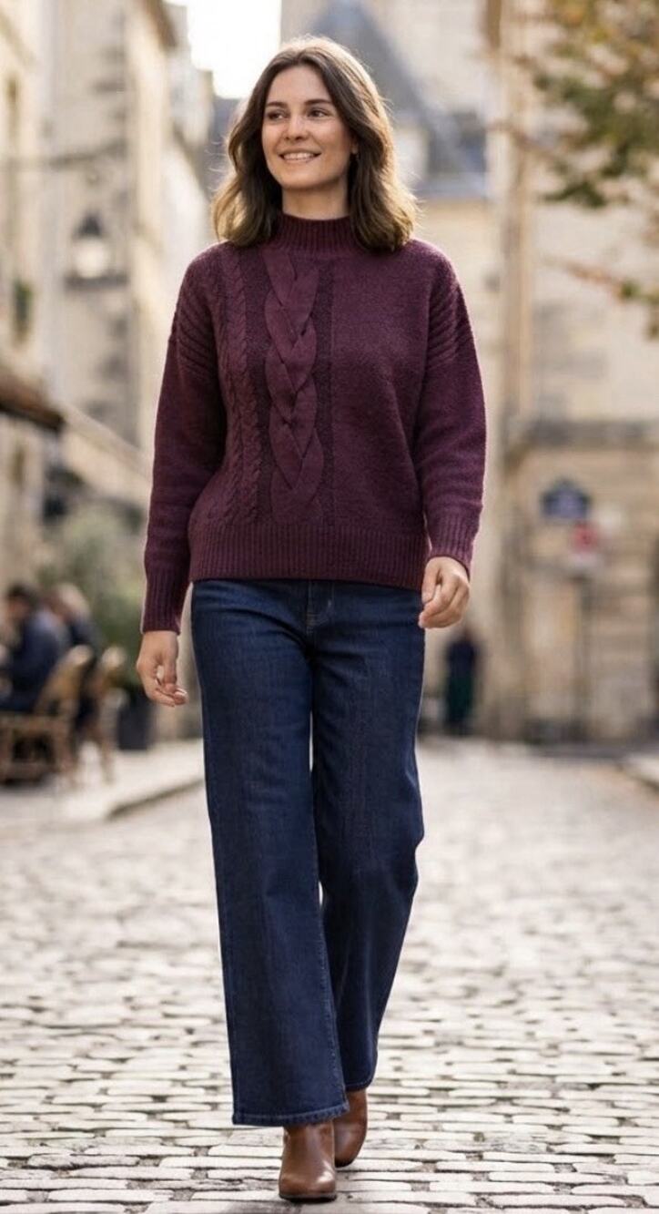 Simply Vera Wang Burgundy Cable Knit Mock Neck Sweater High Low Wine Merlot M
